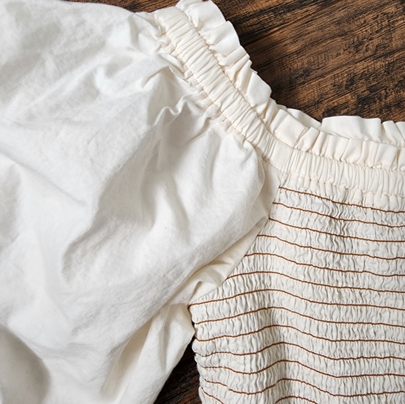 Ivory Smocked Puff Short Sleeve Ivory Regencycore Off The Shoulder Boho Shirt - Picture 2 of 9